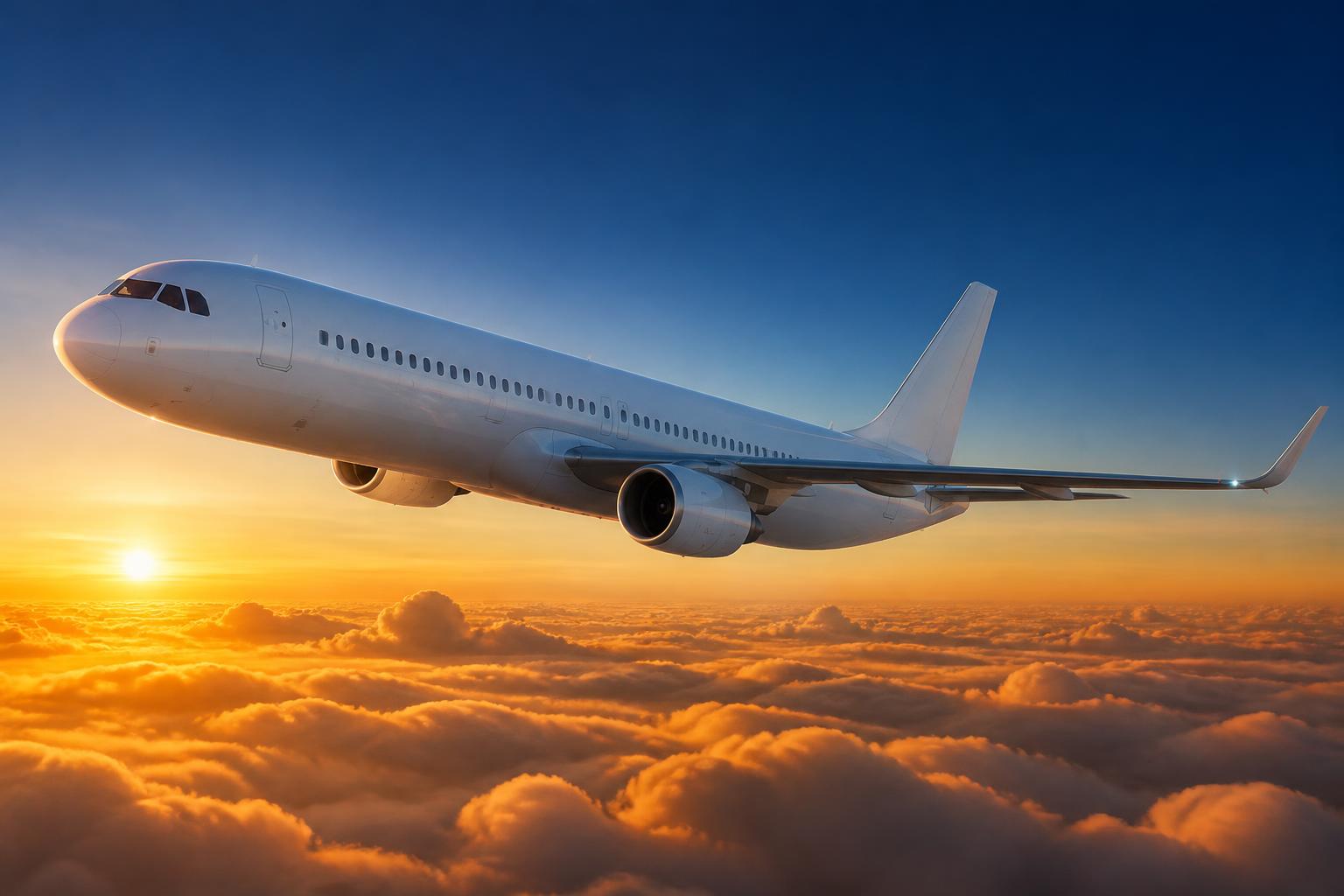 Avião comercial em voo acima das nuvens ao pôr do sol